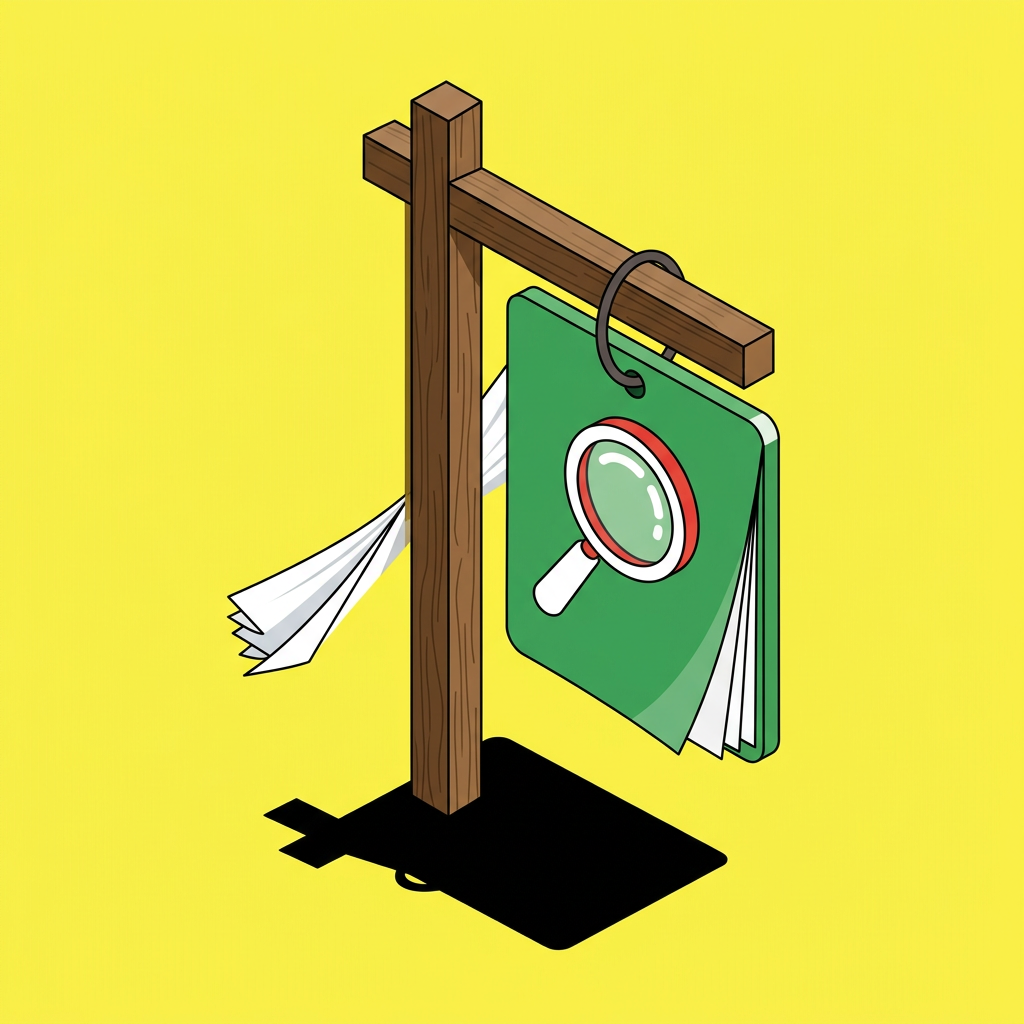 Illustration of a wooden signpost with a green quote folder hanging from it, a magnifying glass on its cover