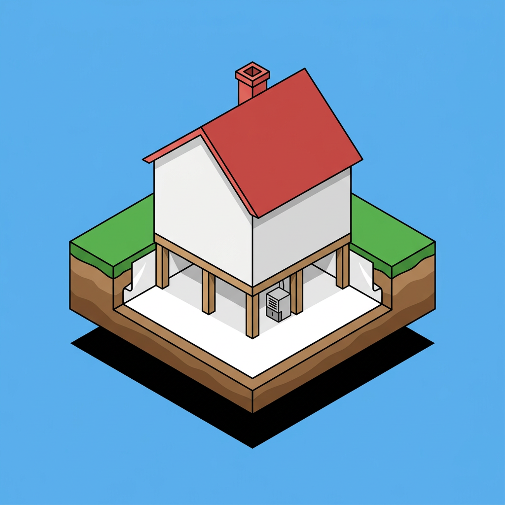 Illustration of a house cut away to show a sealed crawlspace with a dehumidifier under the floor